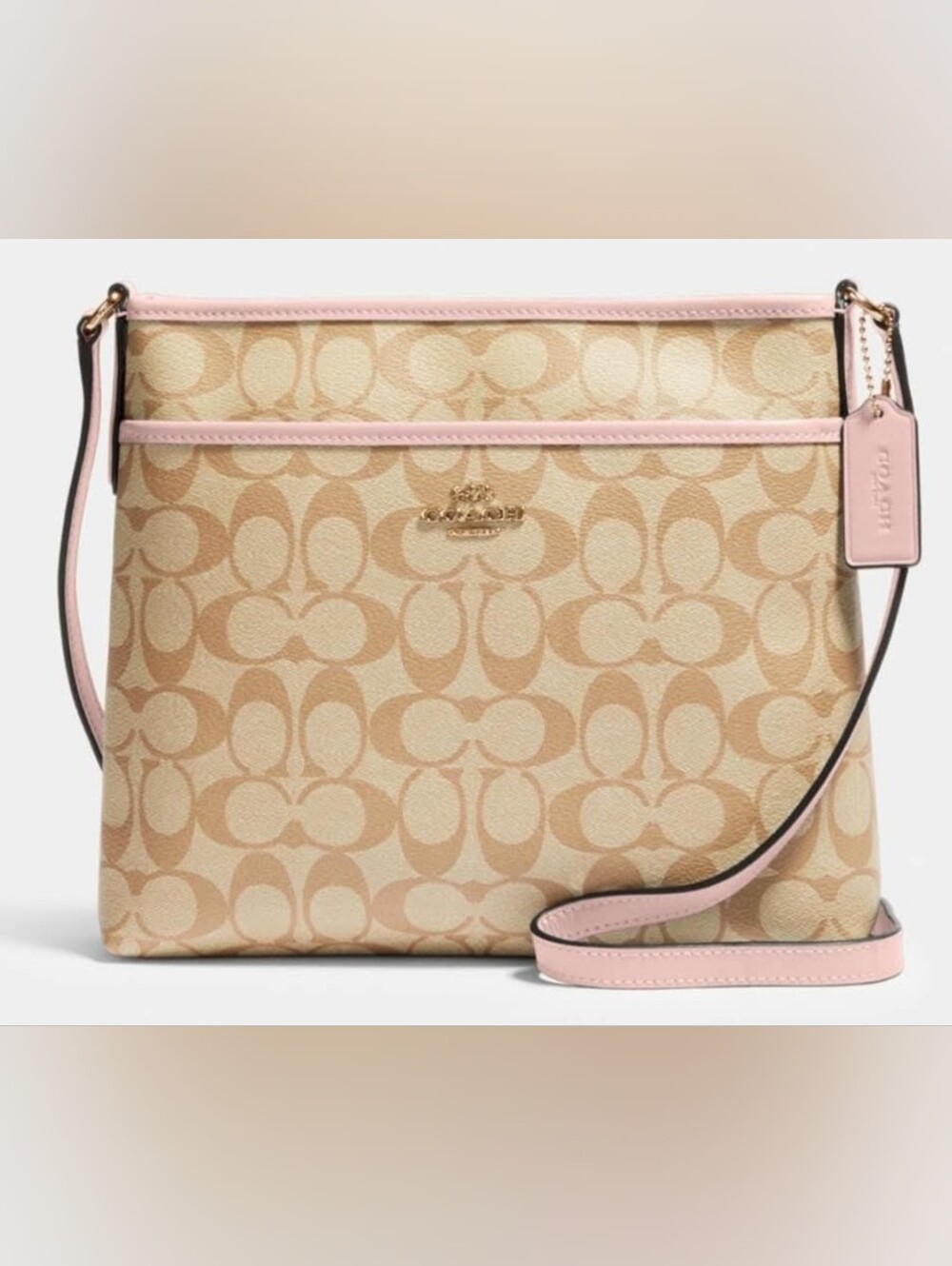 Coach ☆Signature Khaki & Pink
File Crossbody Bag. With Gold Logo ** Authentic**